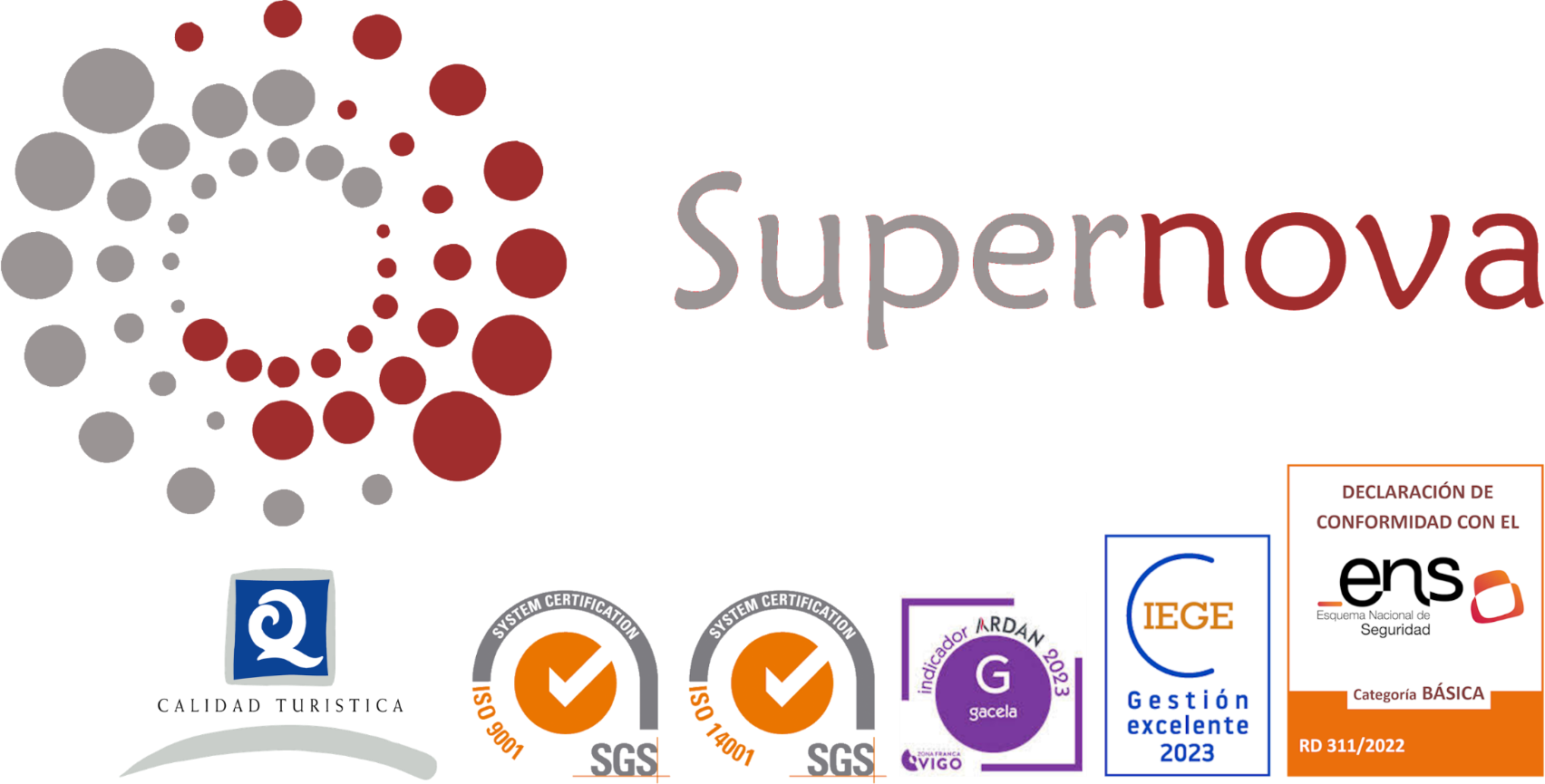 Imagen corporativa de Supernova con distintivos de Q de Calidad Turística, ISO 9001, ISO 14001, ARDÁN Gacela 2023, CIEGE Gestión Excelente 2023 y ENS categoría básica