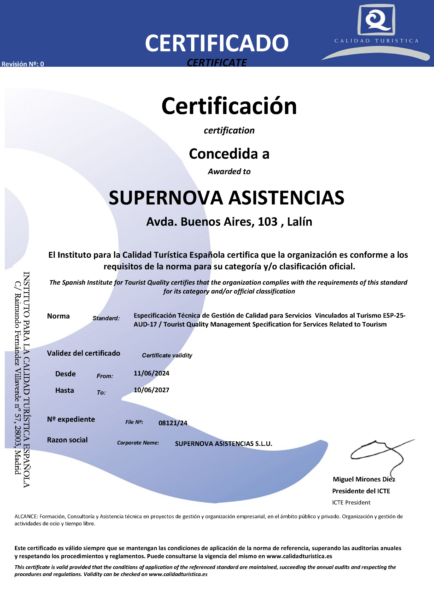 Certificado Q de Calidad Turística de Supernova