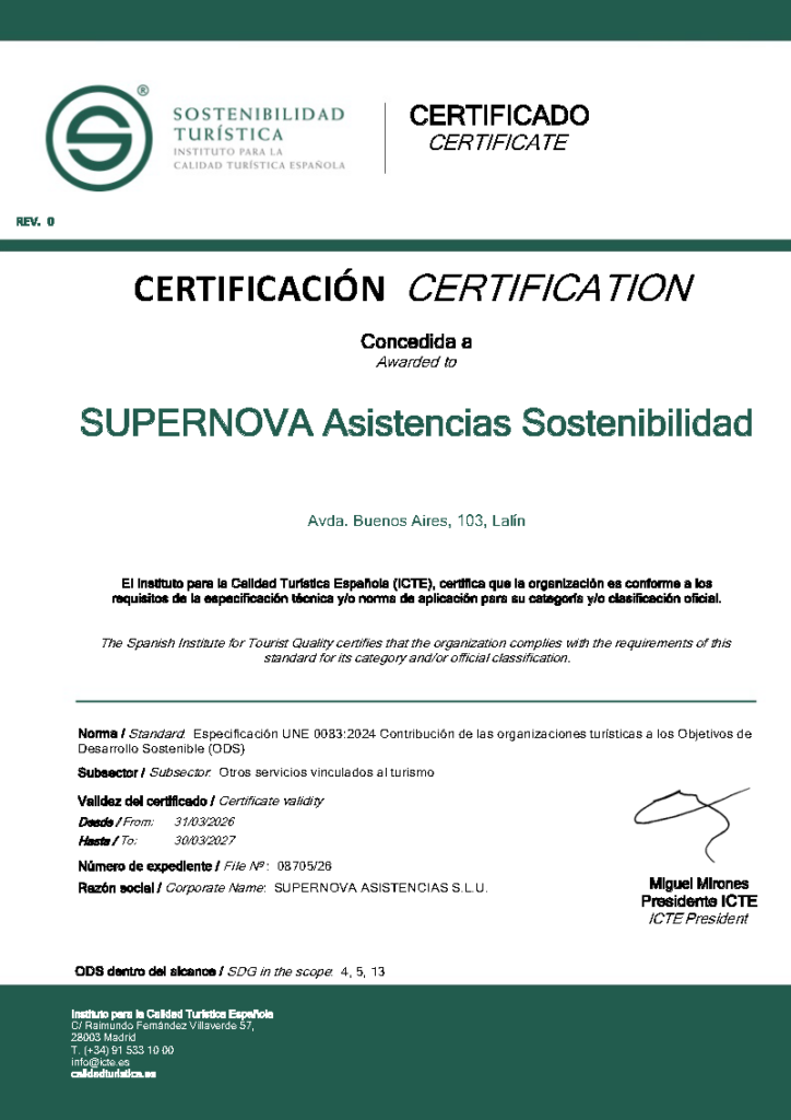 Certificado S de Sostenibilidad Turística de Supernova